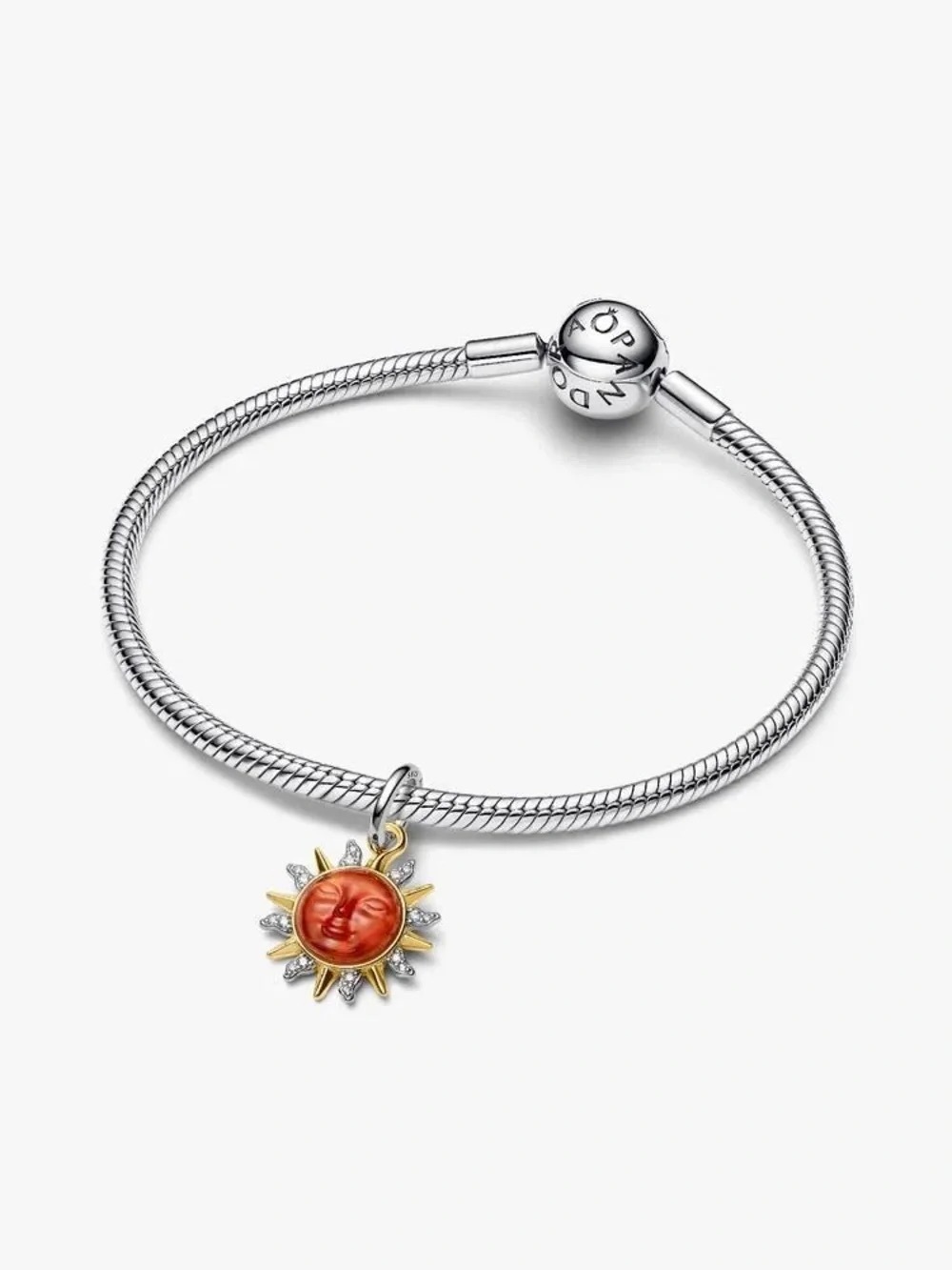 Pandora Silver Bracelet with Orange Sun Charm and Gold Rays
